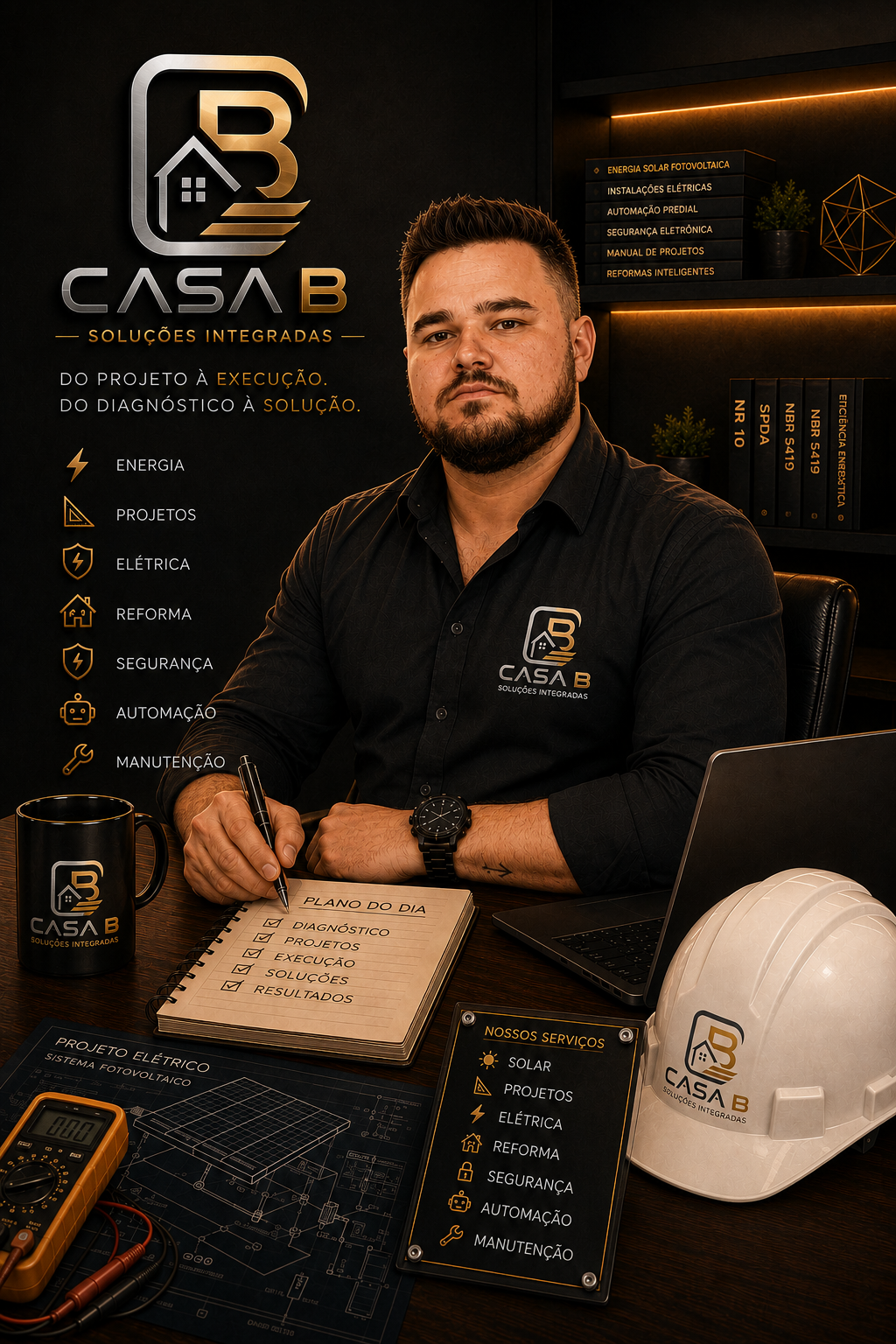 Técnico da Casa B Soluções Integradas em mesa de trabalho com equipamentos de diagnóstico e projetos